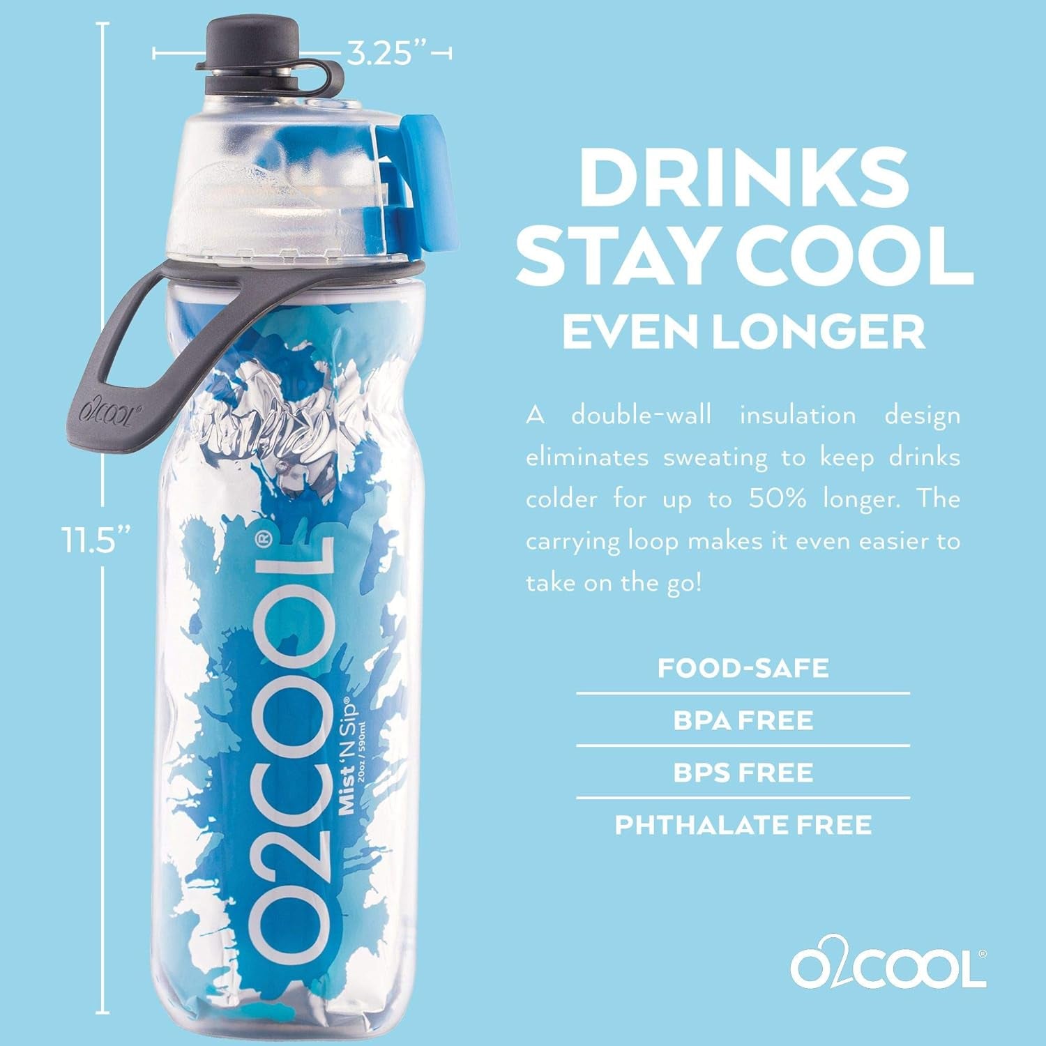 Mist 'N Sip Misting Water Bottle 2-In-1 Mist and Sip Function with No Leak Pull Top Spout Reusable Sports Water Bottle - 20 Oz (2 Pack Splash Blue)