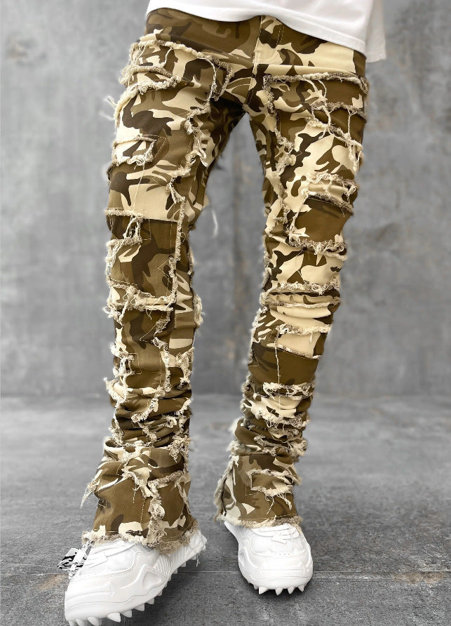Men’s Fringed Ripped Stacked Jeans — Trendy Patched Slim Fit Trousers Dias Dazzling Discoveries