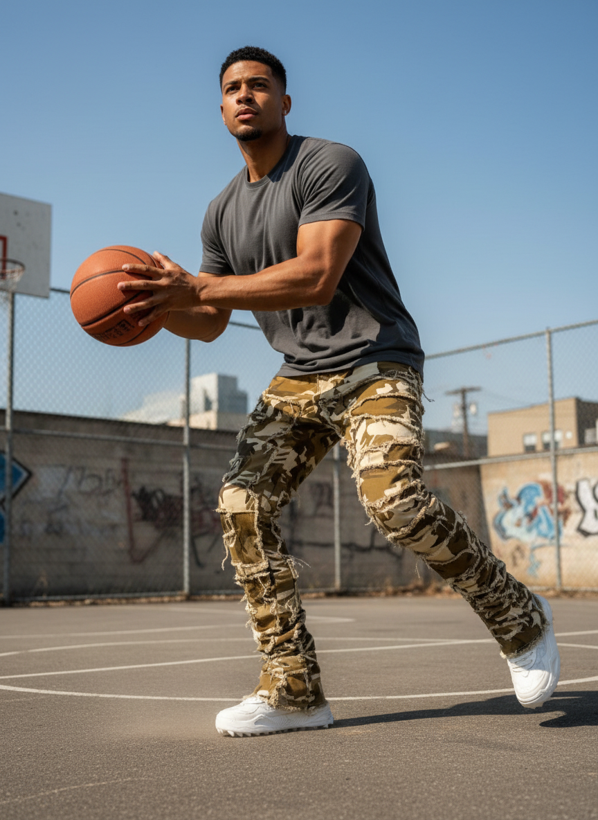 Men’s Fringed Ripped Stacked Jeans — Trendy Patched Slim Fit Trousers Dias Dazzling Discoveries