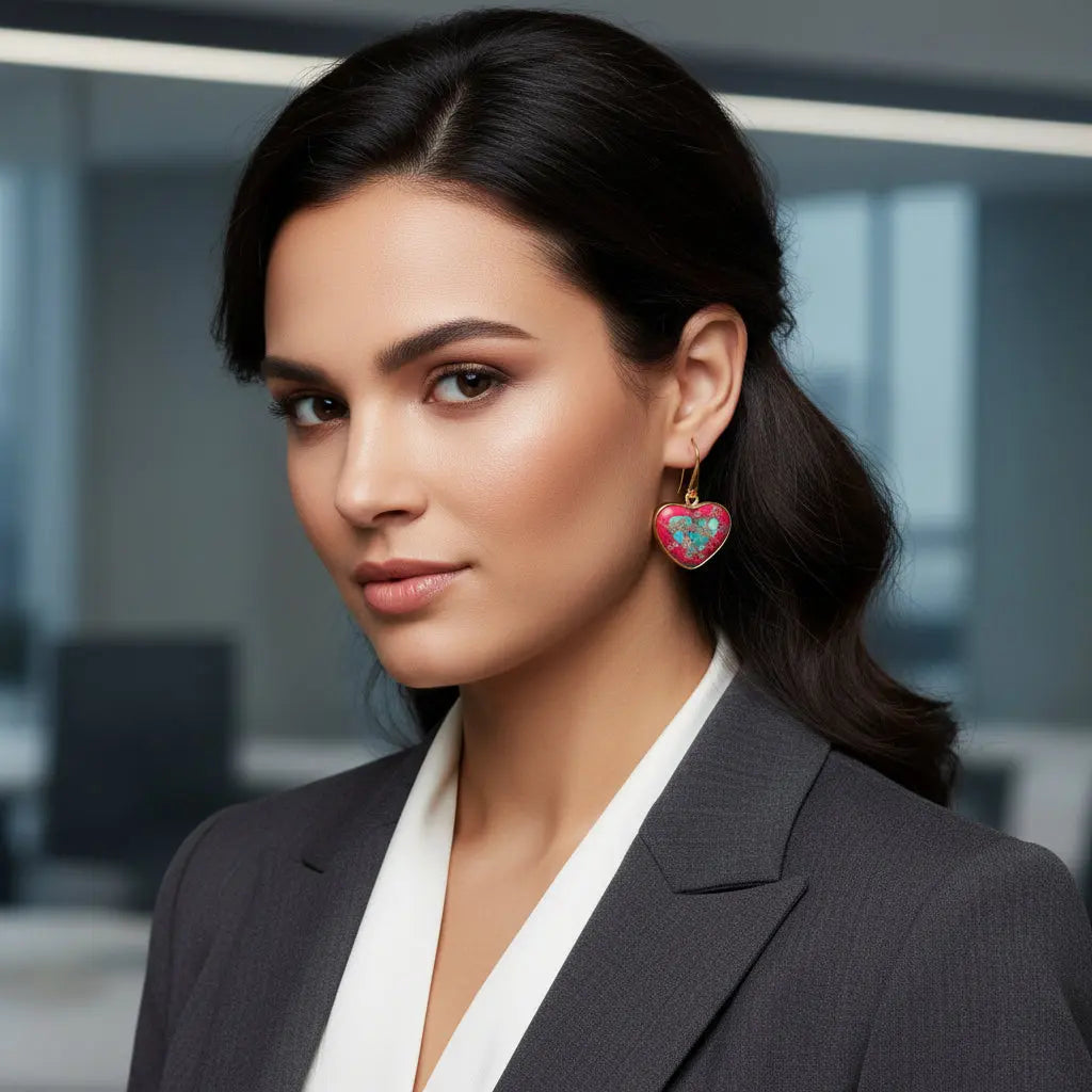 Heart-shaped earrings with red and turquoise stones on a stone surface

