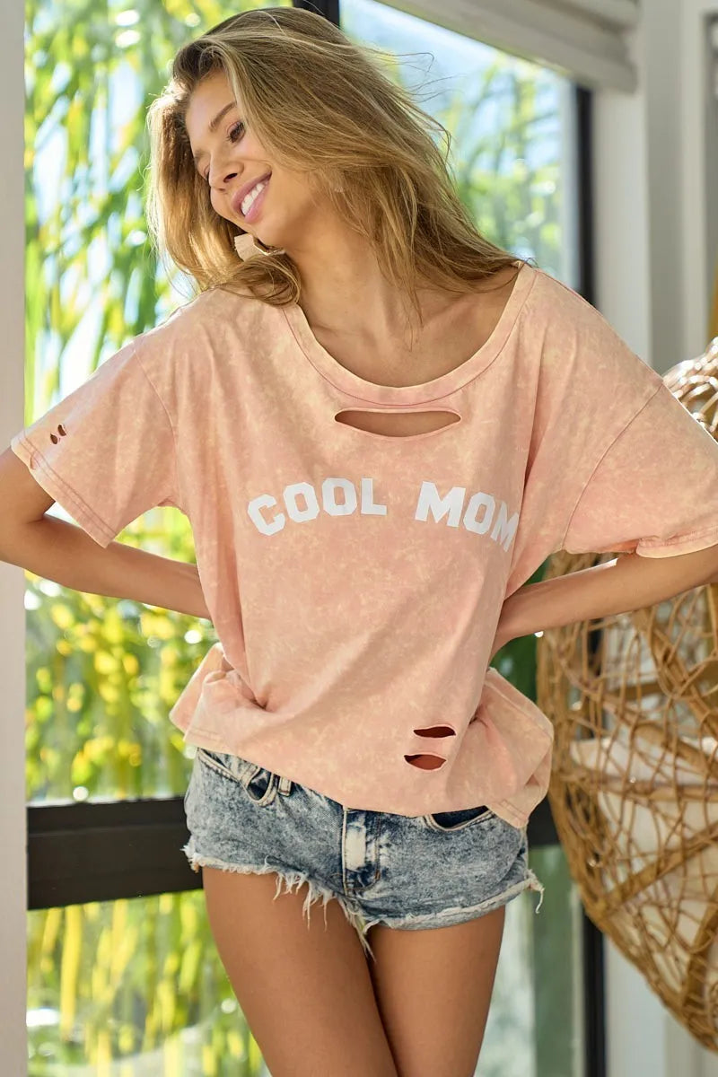 Bibi Washed Laser Cut Detail Cool Mom Print Top