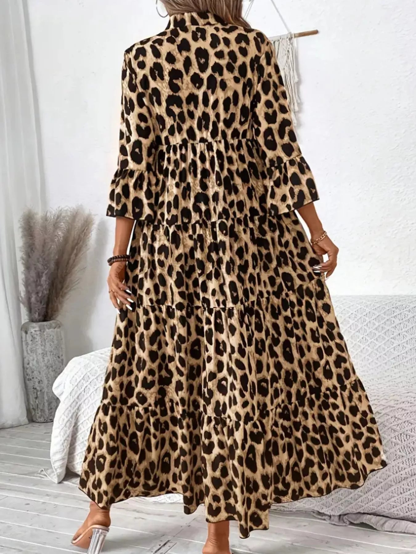 🐆 Leopard 3/4 Midi Dress – Ruched, Wild, and Ready to Dazzle