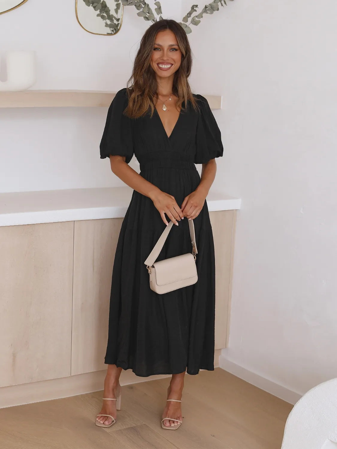 Tiered Surplice Half Sleeve Midi Dress