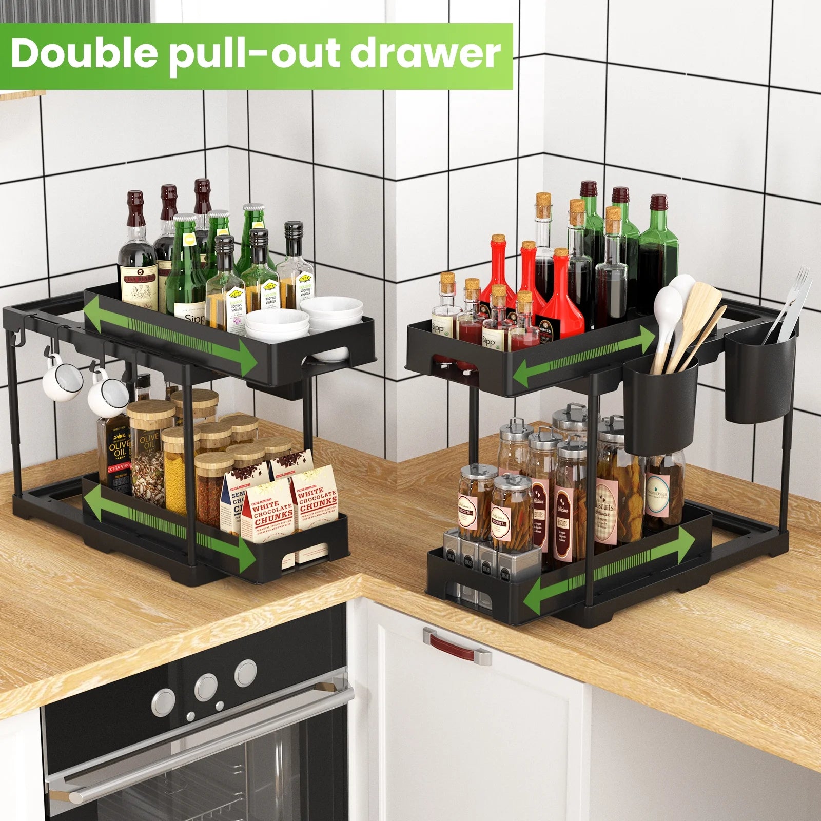 🧼 Declutter in Style – 2-Tier Under Sink Organizer with Sliding Drawers & Hooks
