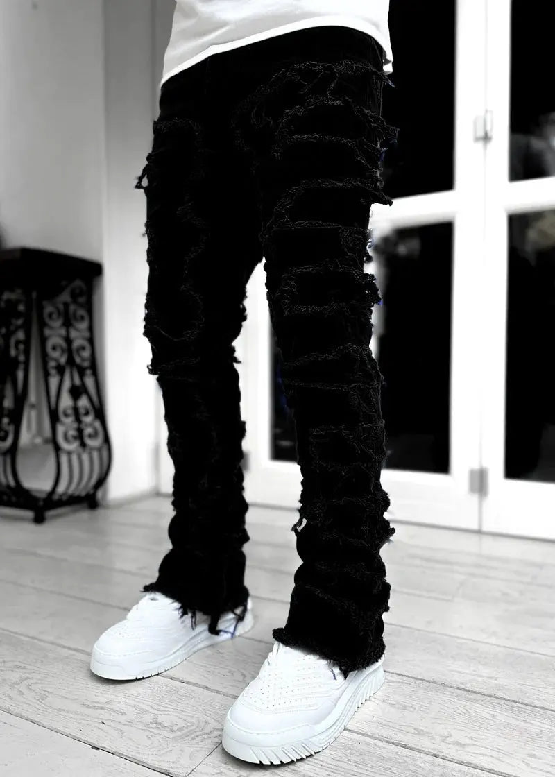 Men’s Fringed Ripped Stacked Jeans — Trendy Patched Slim Fit Trousers Trendsi