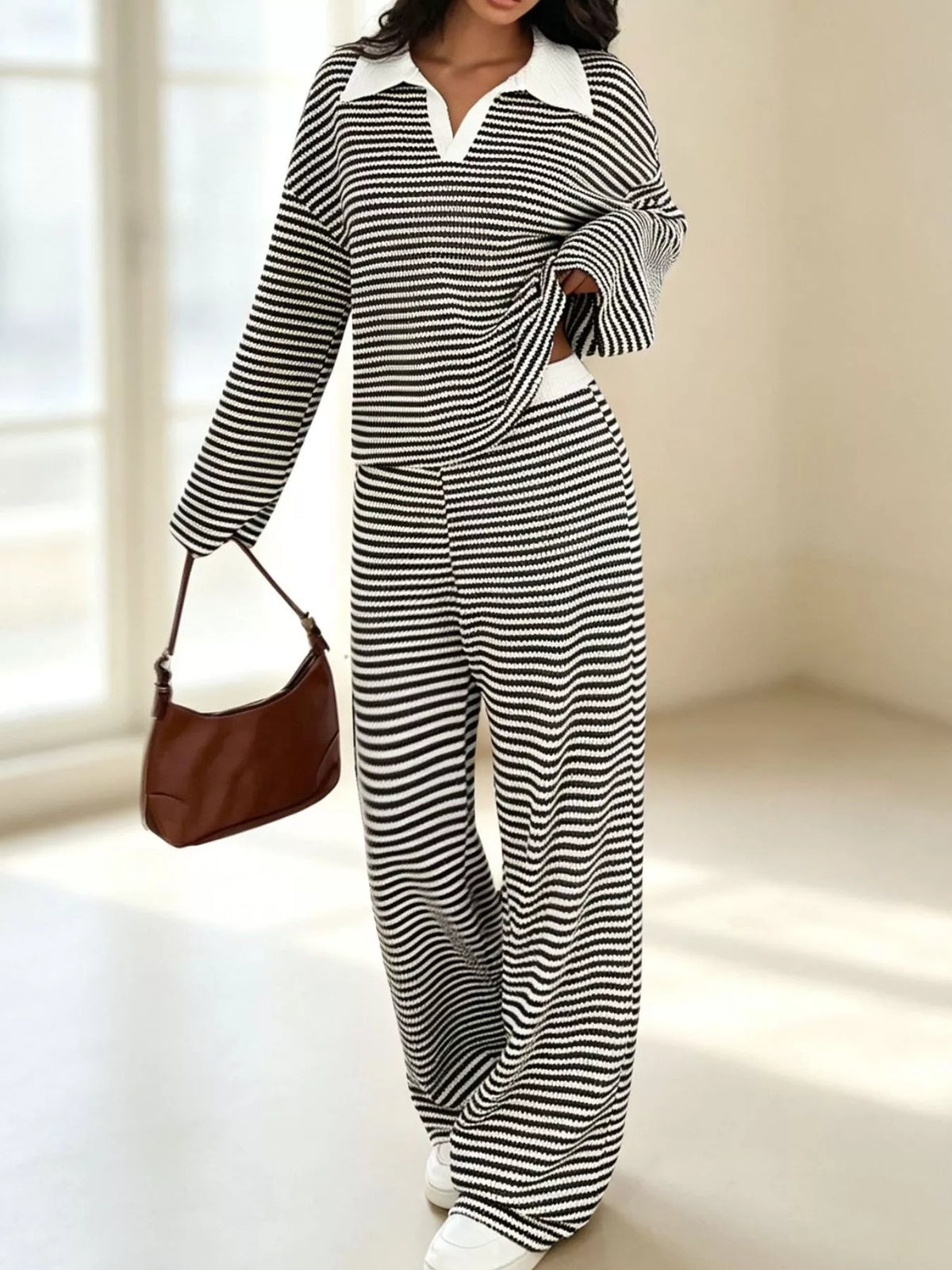 Striped Long Sleeve Polo and Wide-Leg Pants Set Striped Long Sleeve Polo and Wide-Leg Pants Set