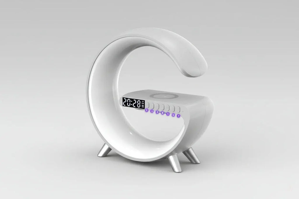 White electronic device with digital display on a white background