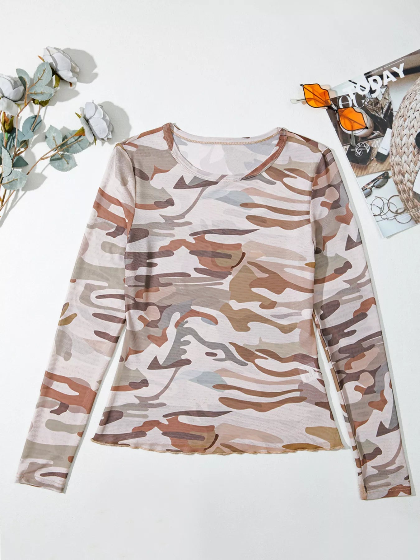 🖤 Camouflage Mesh Long Sleeve Top – Dazzle in Every Layer