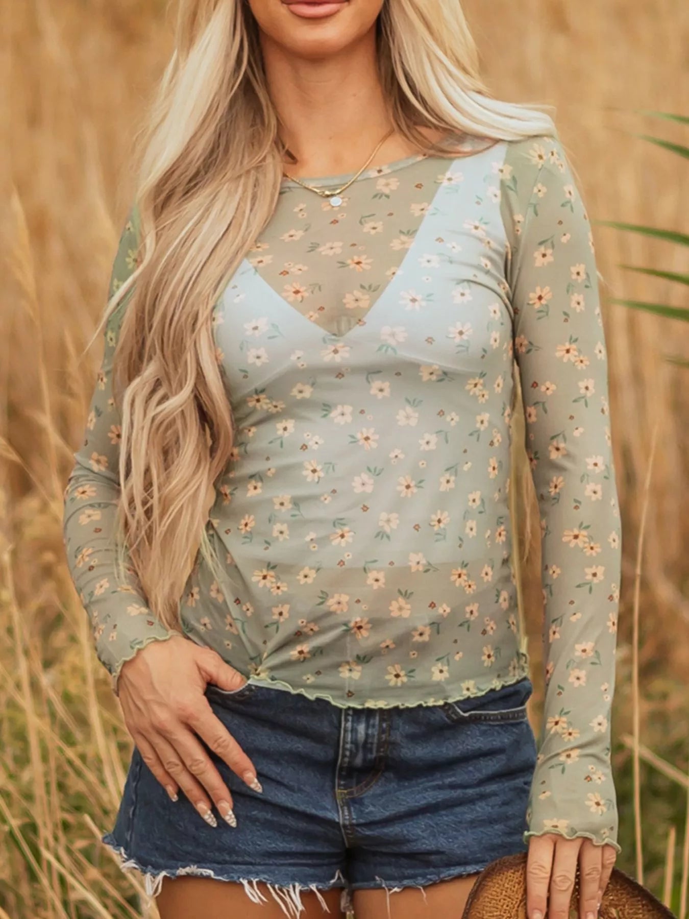 Floral Print Mesh Long Sleeve Top