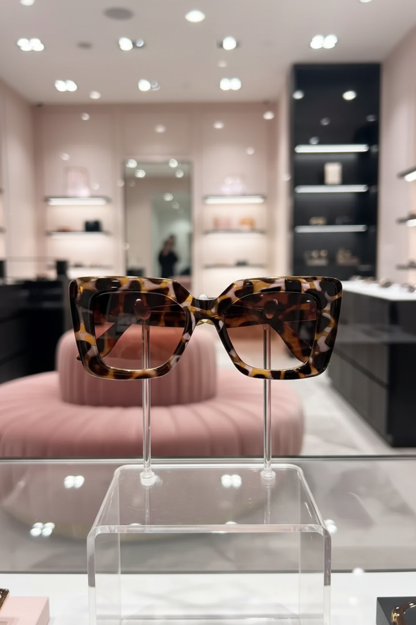 ega-eye square sunglasses with a brown and black leopard print acetate frame, displayed on a clear acrylic stand inside a luxury boutique.