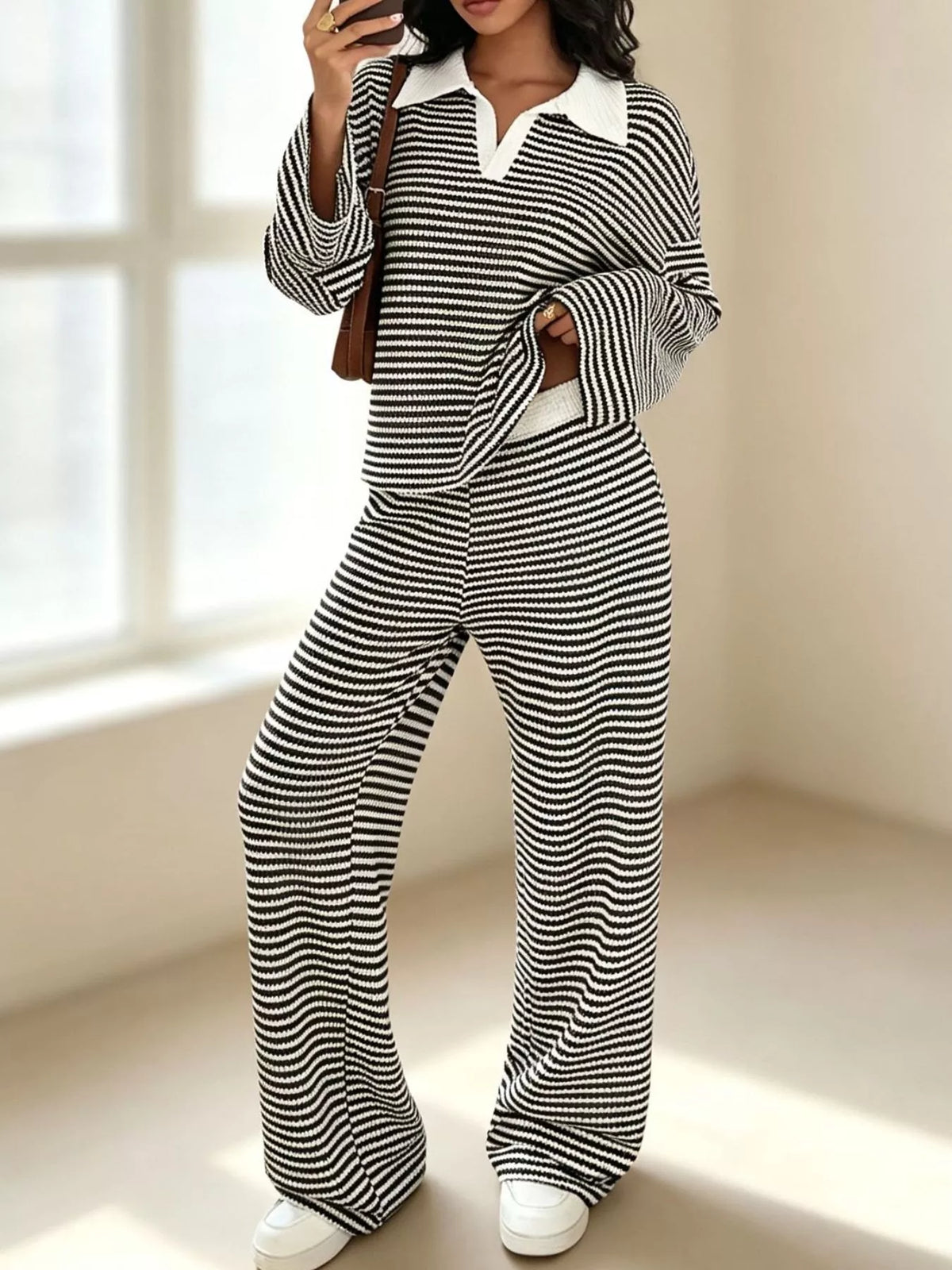 Striped Long Sleeve Polo and Wide-Leg Pants Set Striped Long Sleeve Polo and Wide-Leg Pants Set