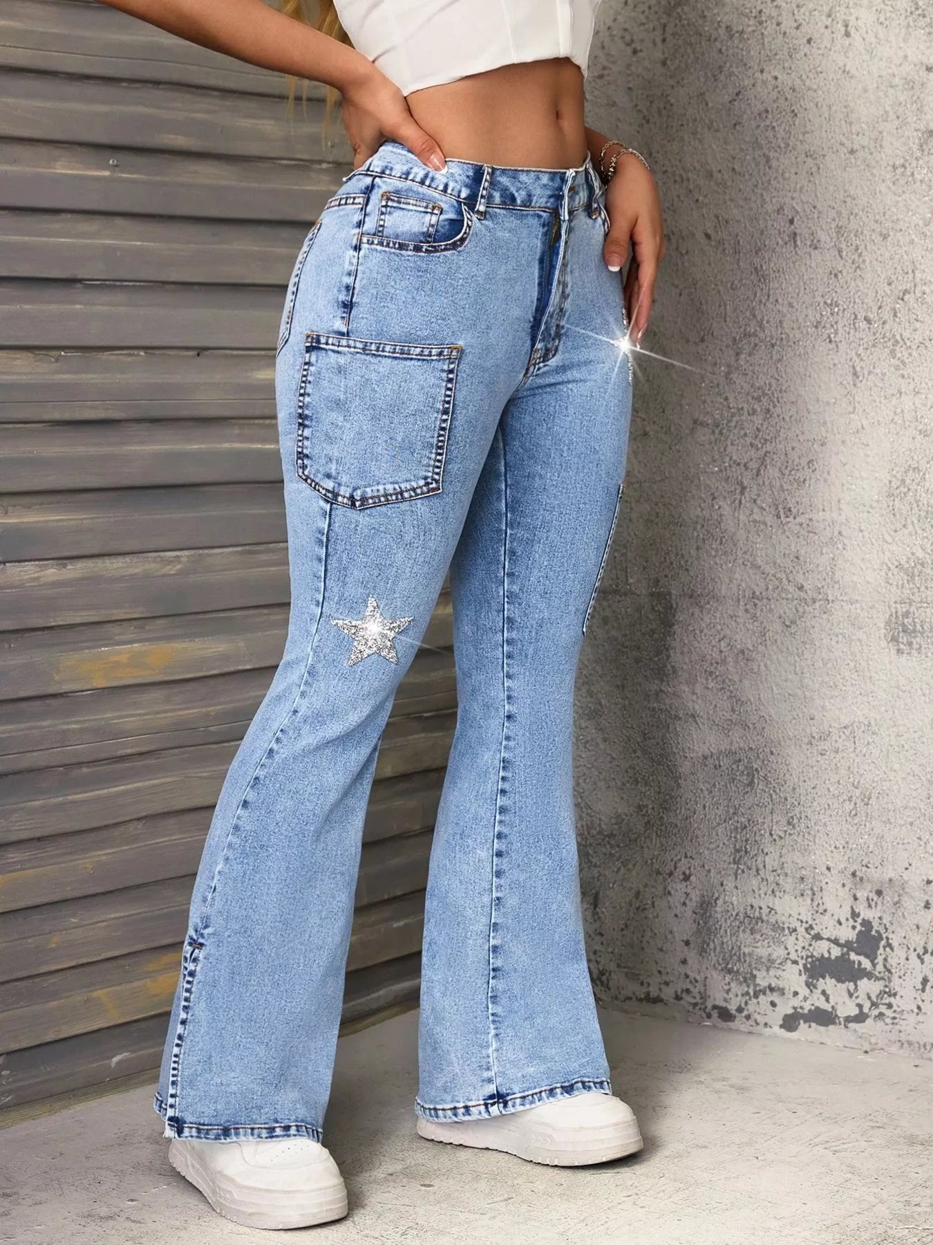 Slit Star Flare Leg Jeans