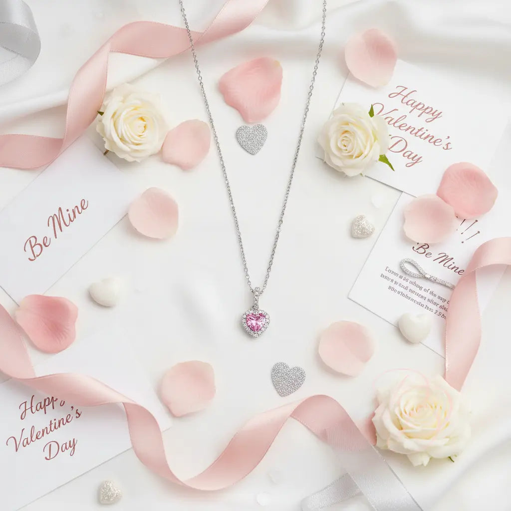 Pink Moissanite Heart Necklace - 1ct Heart Pendant in Platinum Plated Silver Trendsi
