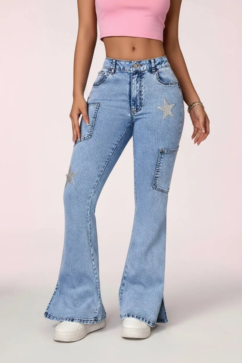 Women’s slit flare leg jeans with front pockets, slightly stretchy denim, and inclusive sizing from S to XL”