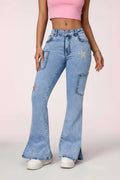 Women’s slit flare leg jeans with front pockets, slightly stretchy denim, and inclusive sizing from S to XL”