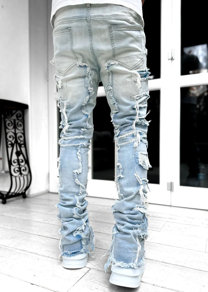 Men’s Fringed Ripped Stacked Jeans — Trendy Patched Slim Fit Trousers Dias Dazzling Discoveries