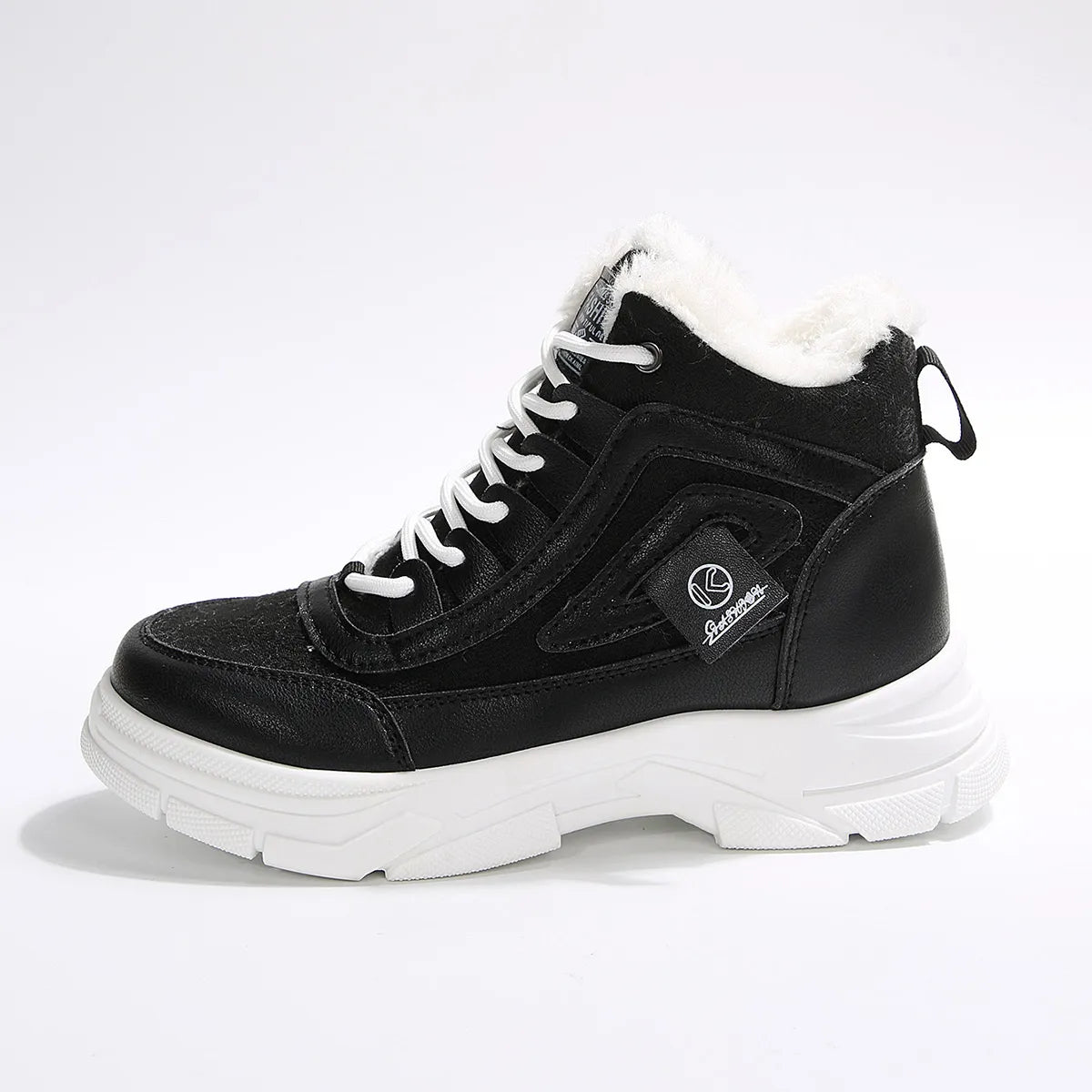 Black winter boot with white laces and sole on a light gray background