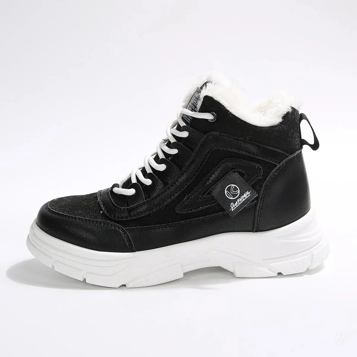 Black winter boot with white laces and sole on a light gray background