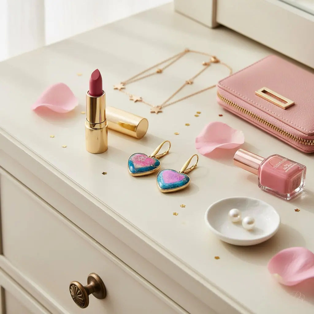 Heart-shaped earrings with gold hooks, pink and blue design, on a light background. with nail polish, lipstick, necklace and a pink clutch