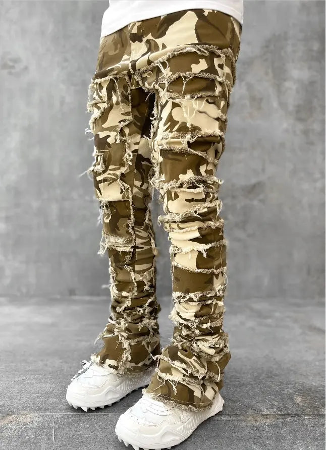 Men’s Fringed Ripped Stacked Jeans — Trendy Patched Slim Fit Trousers Dias Dazzling Discoveries