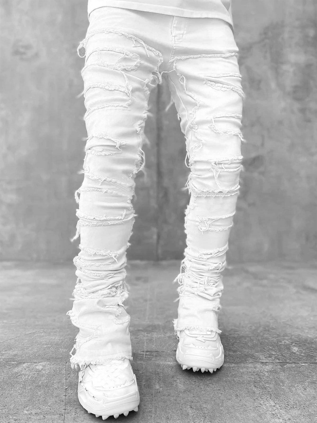 Men’s Fringed Ripped Stacked Jeans — Trendy Patched Slim Fit Trousers Dias Dazzling Discoveries