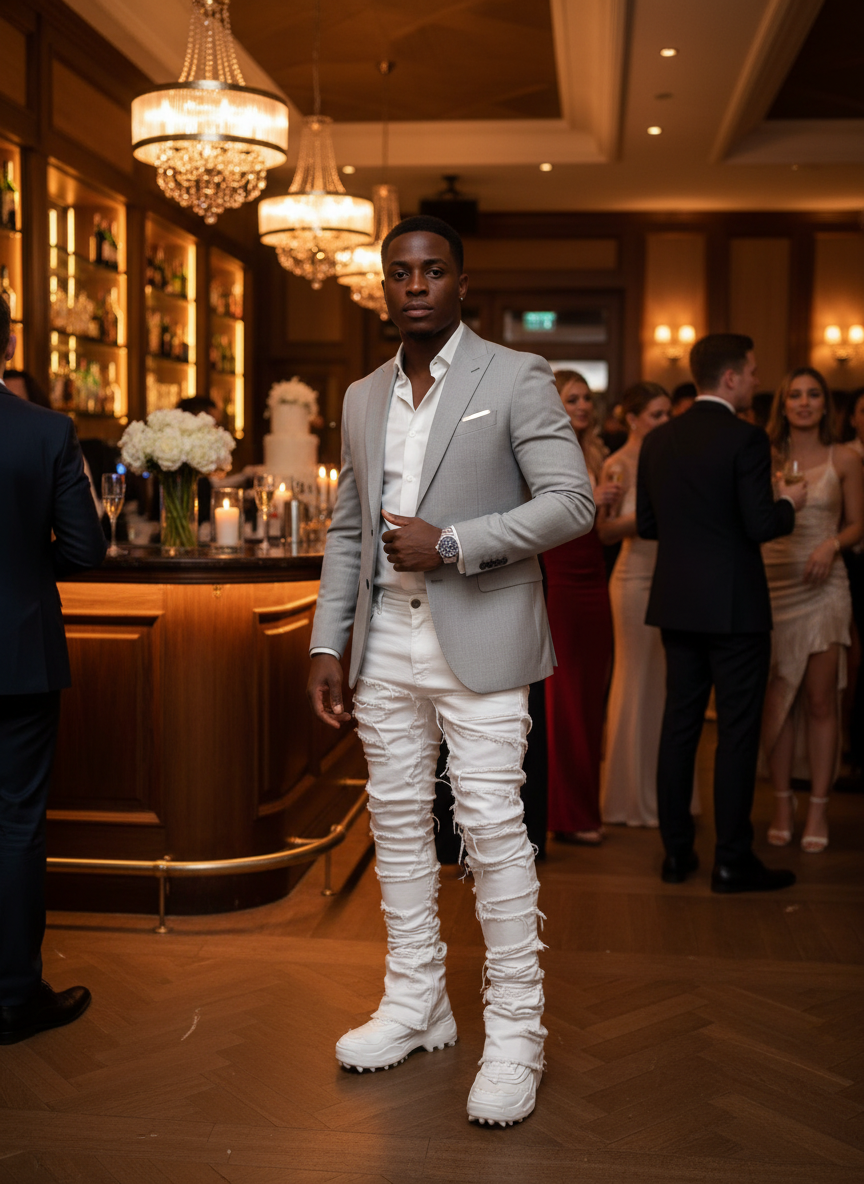 Men’s Fringed Ripped Stacked Jeans — Trendy Patched Slim Fit Trousers Dias Dazzling Discoveries