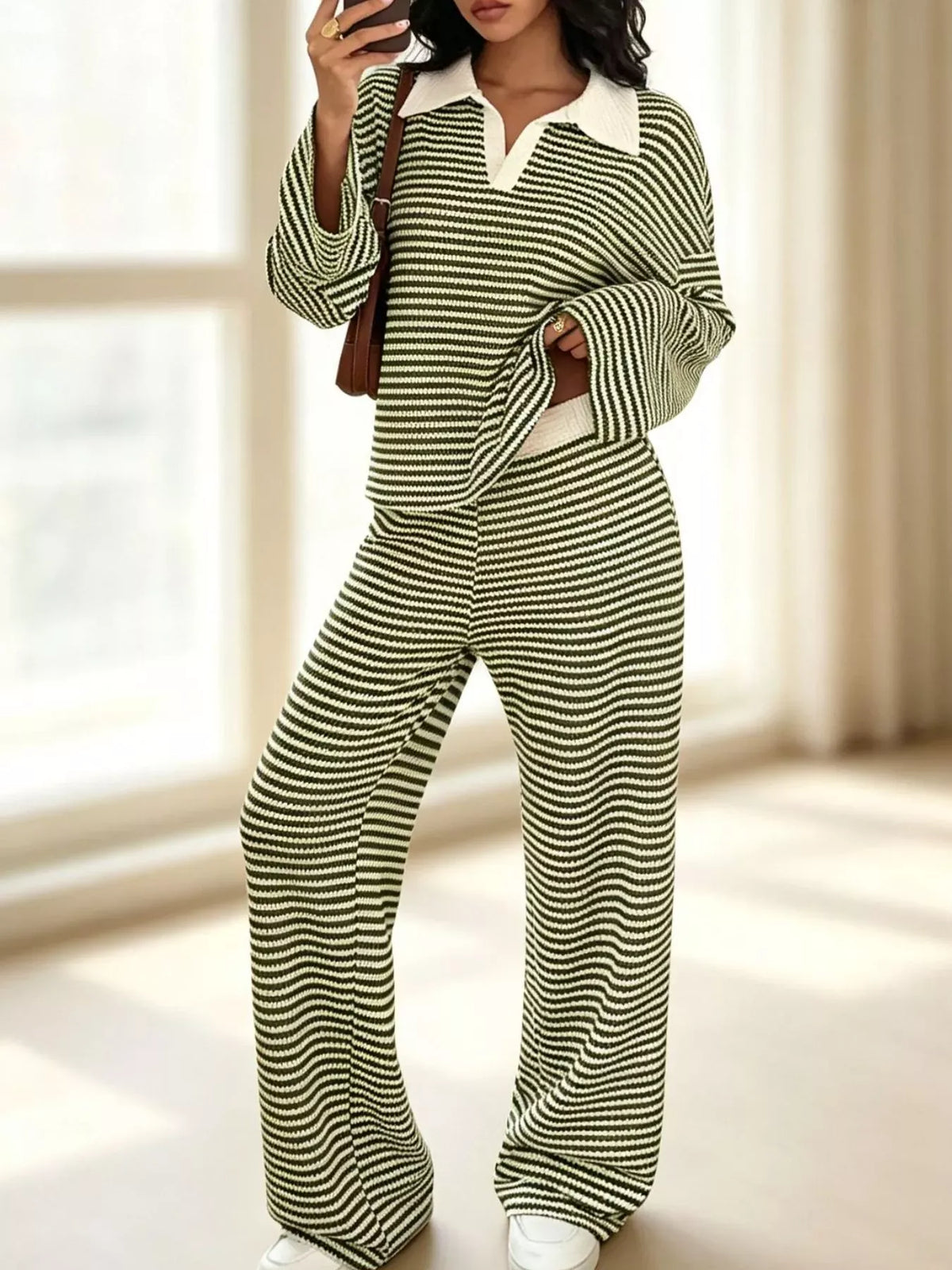 Striped Long Sleeve Polo and Wide-Leg Pants Set Striped Long Sleeve Polo and Wide-Leg Pants Set