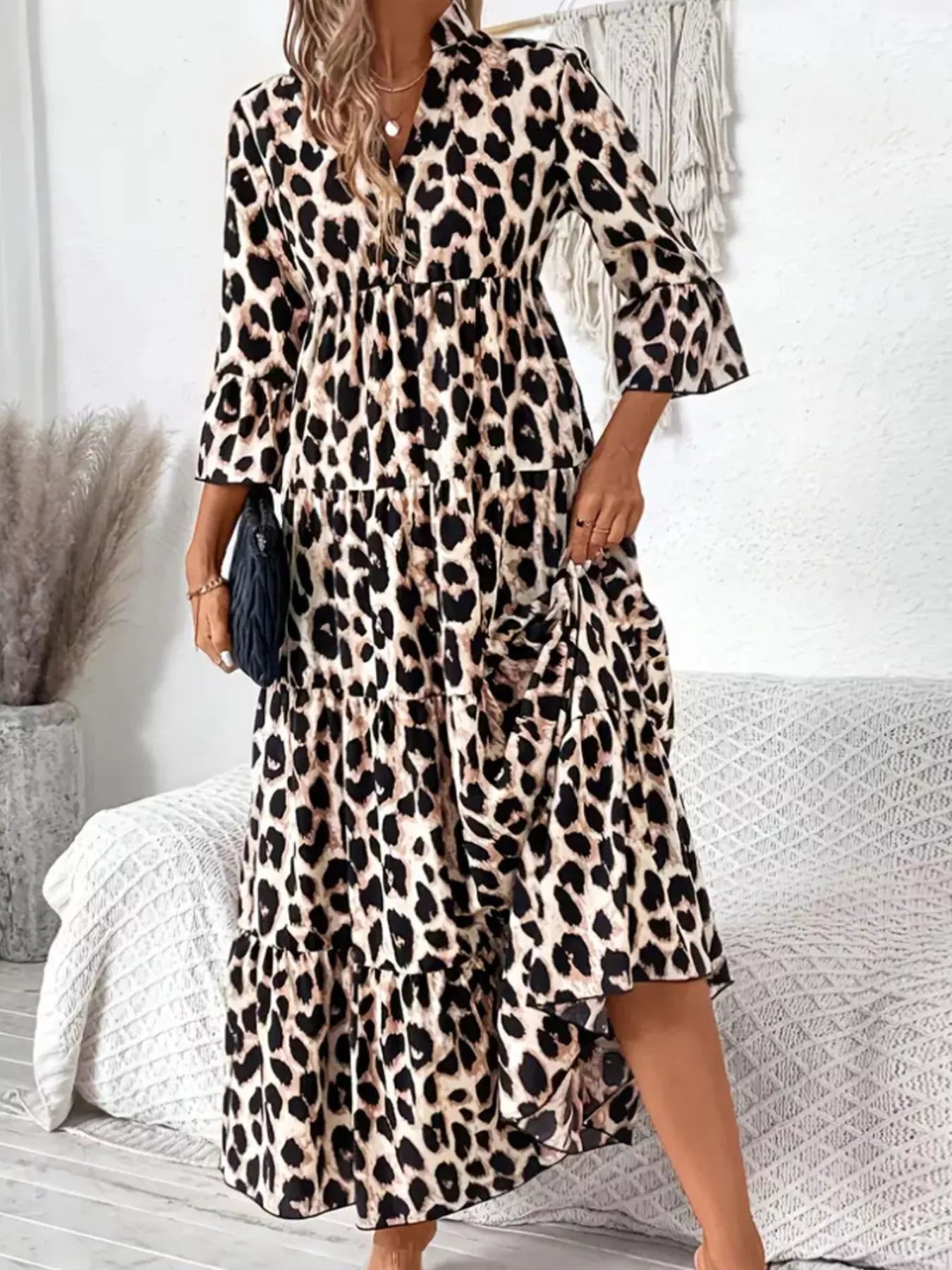 🐆 Leopard 3/4 Midi Dress – Ruched, Wild, and Ready to Dazzle