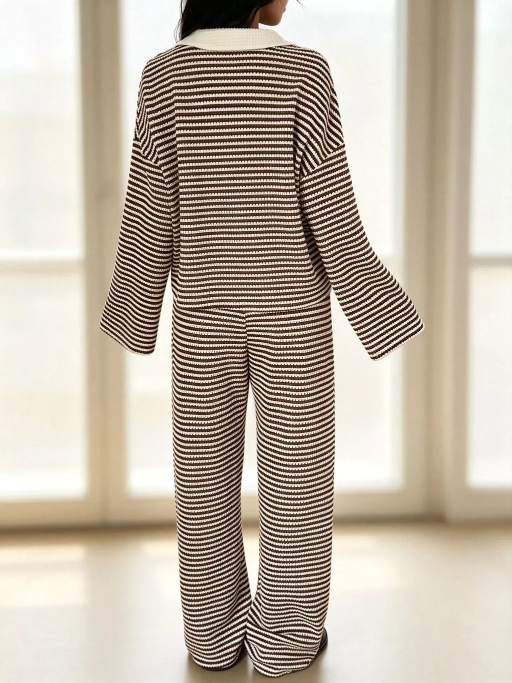 Striped Long Sleeve Polo and Wide-Leg Pants Set Striped Long Sleeve Polo and Wide-Leg Pants Set