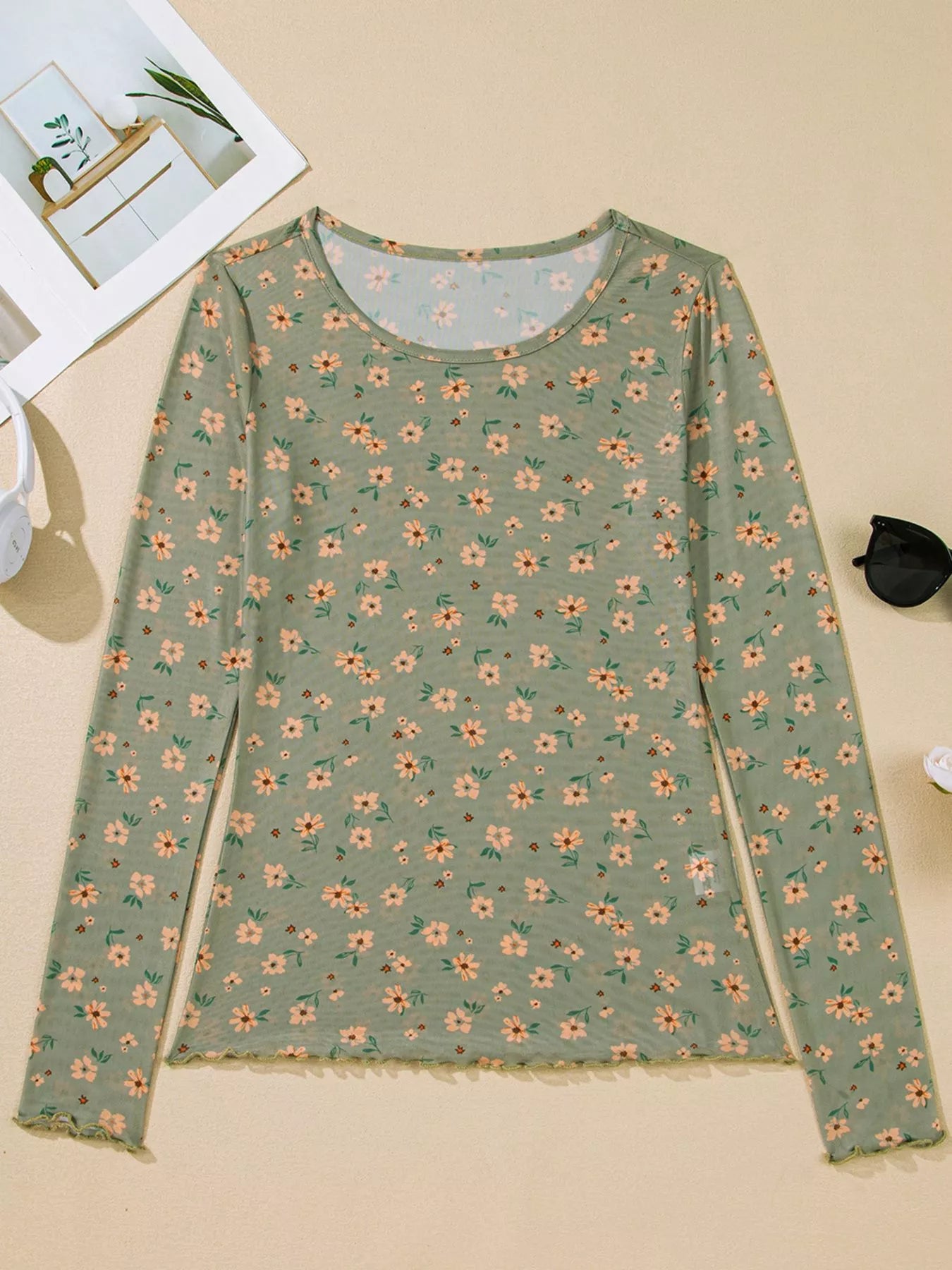 Floral Print Mesh Long Sleeve Top