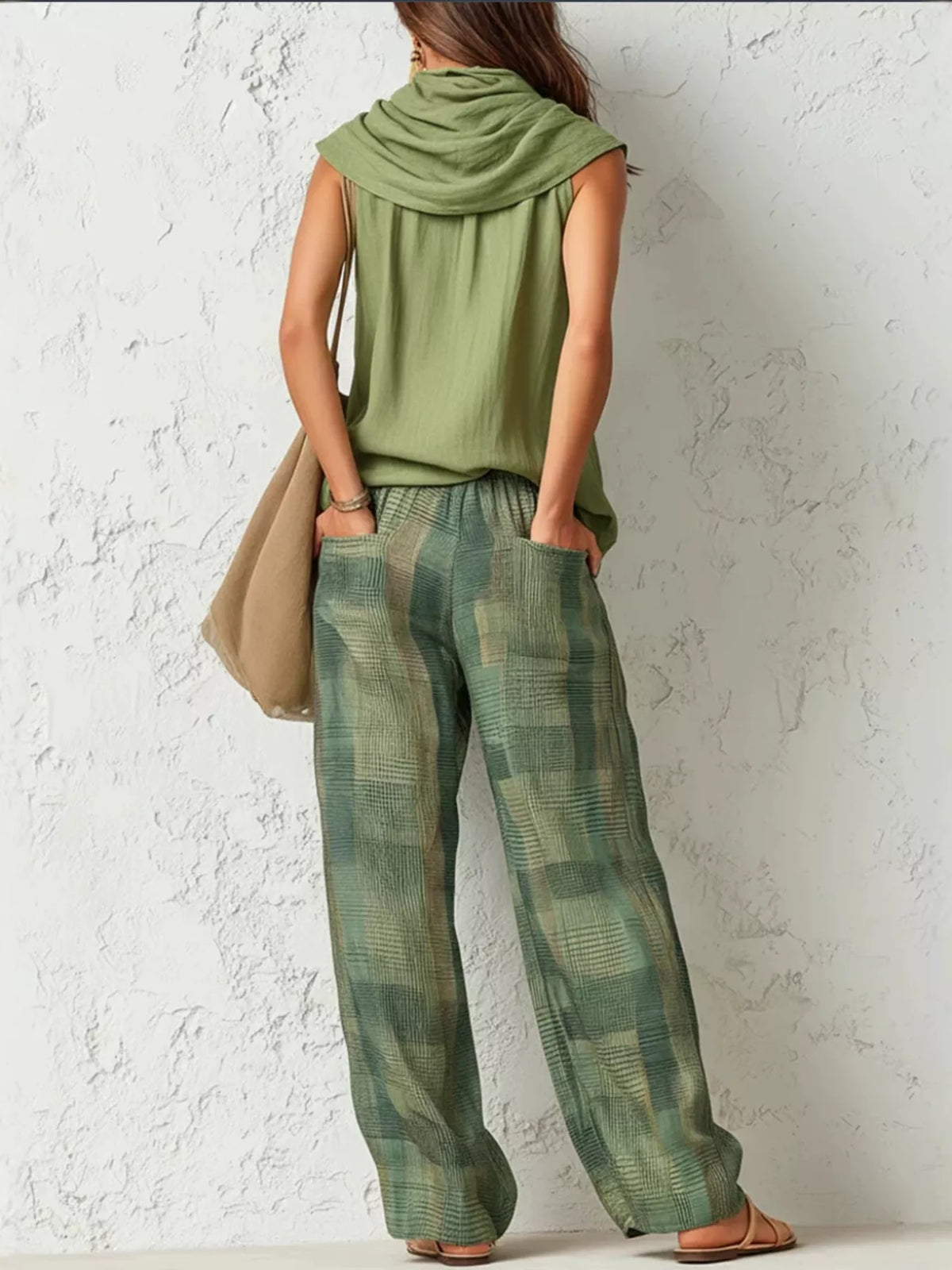Sleeveless Cowl Neck Top and Plaid Wide-Leg Pant Set Sleeveless Cowl Neck Top and Plaid Wide-Leg Pant Set