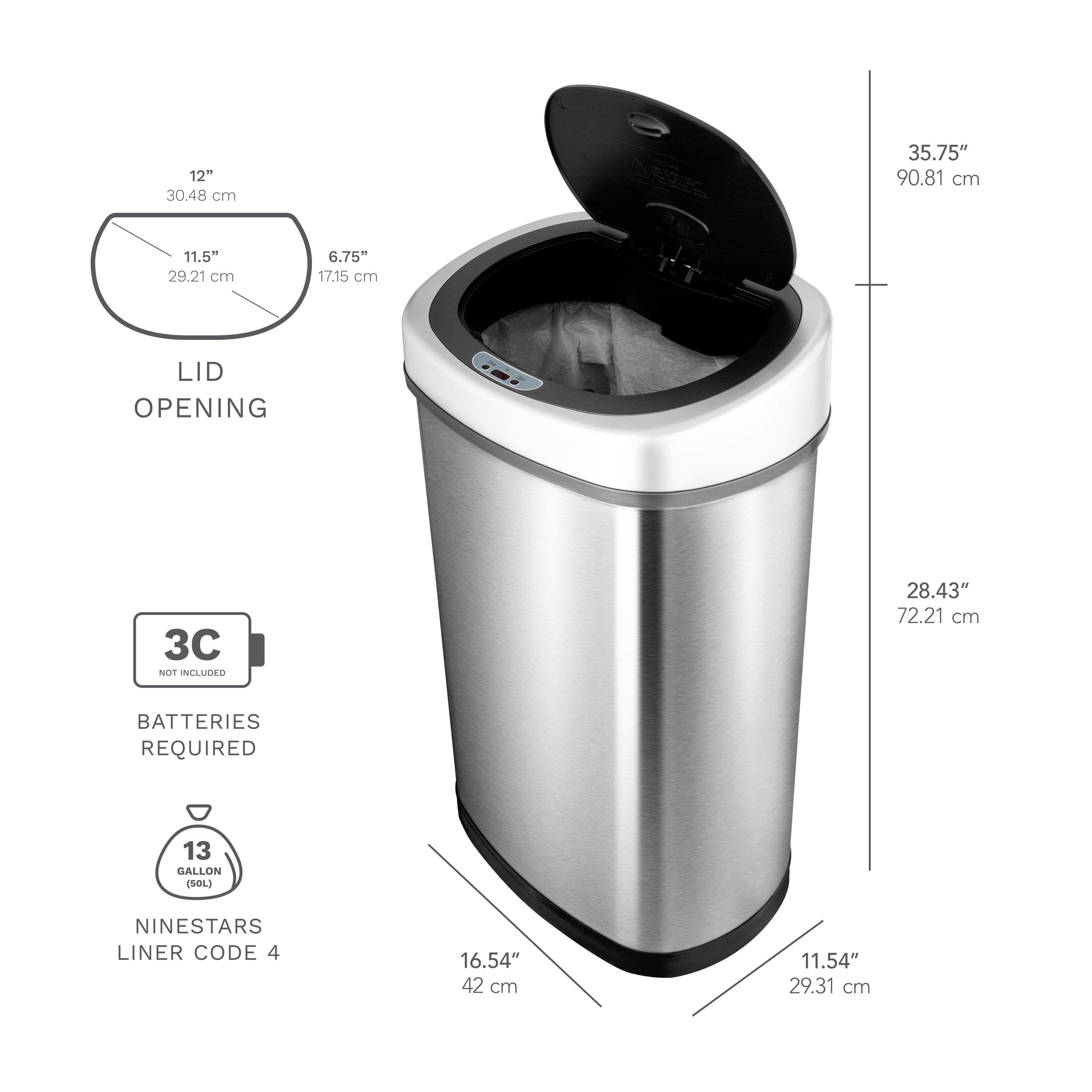 13 Gallon Touchless Trash Can, Automatic Motion Sensor