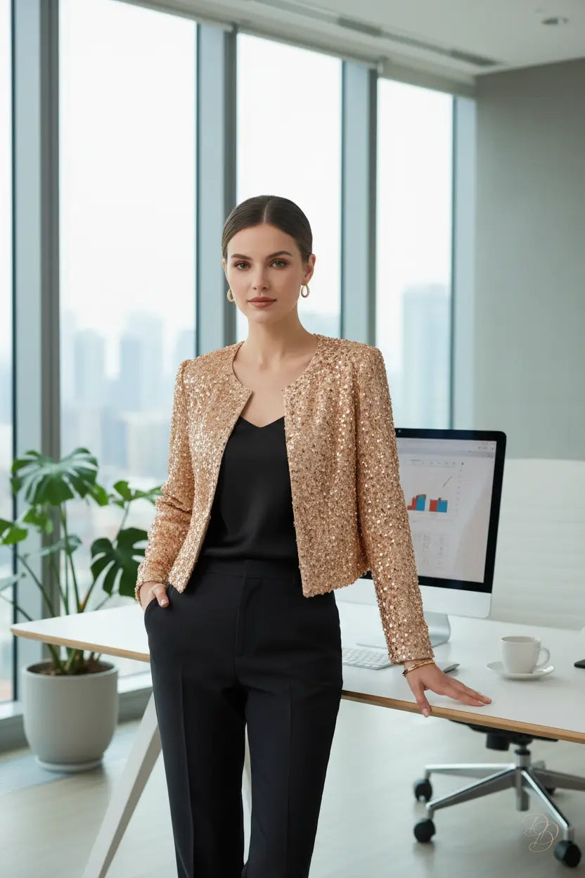 Sequin Open Front Long Sleeve Jacket Trendsi