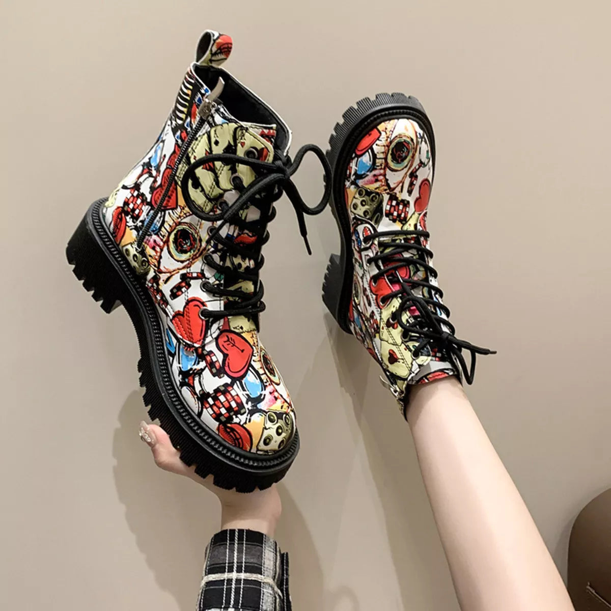 Graffiti Print Combat Boots with Colorful Street Art Design