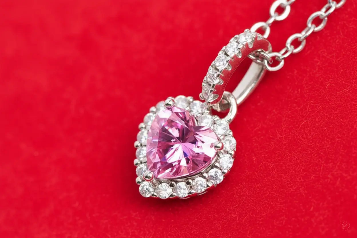 Pink Moissanite Heart Necklace - 1ct Heart Pendant in Platinum Plated Silver Trendsi