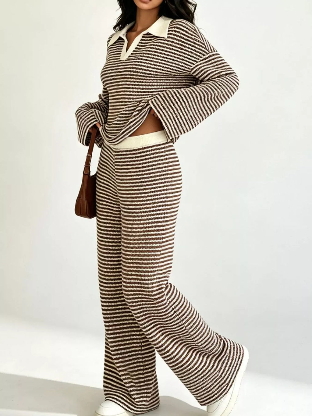 Striped Long Sleeve Polo and Wide-Leg Pants Set Striped Long Sleeve Polo and Wide-Leg Pants Set