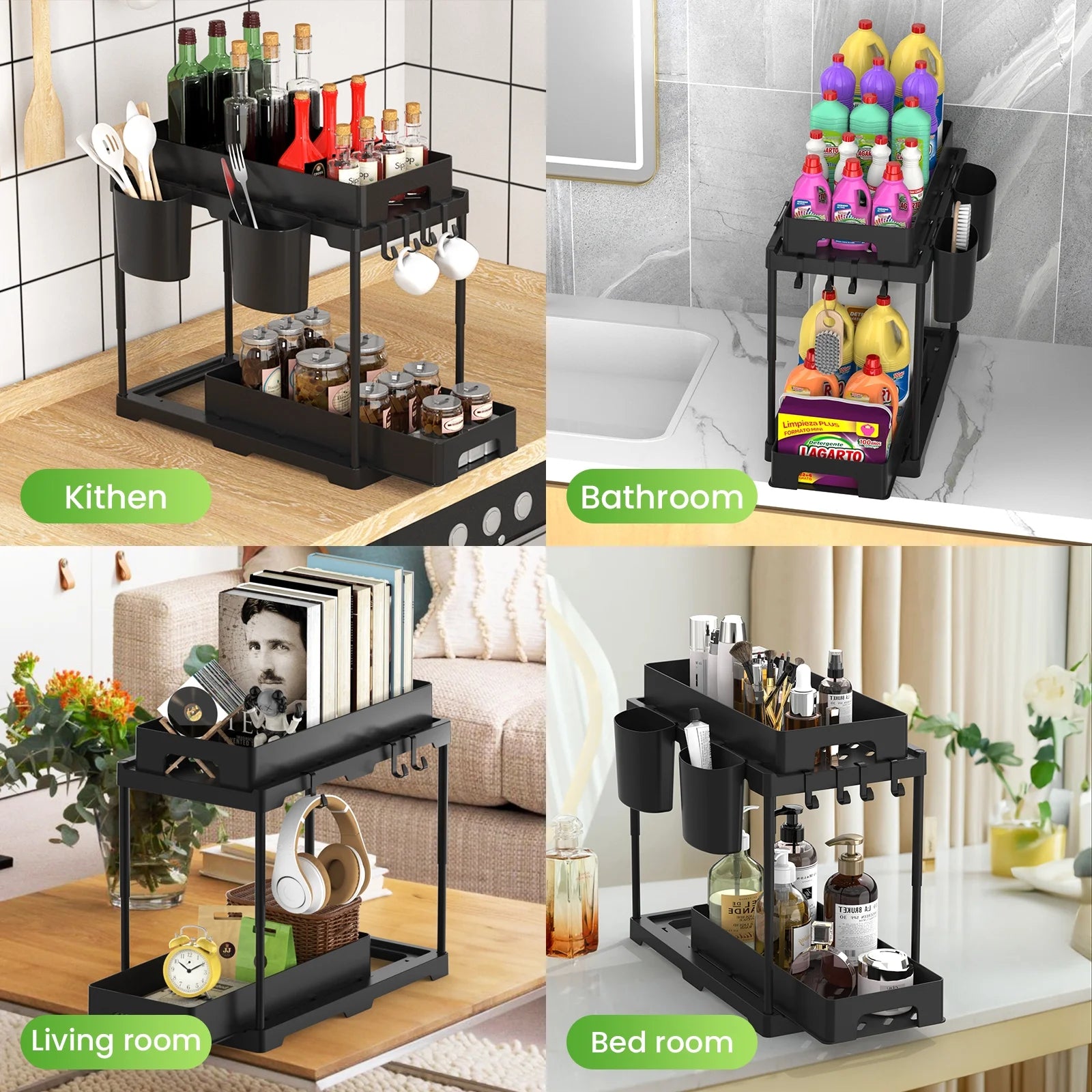 🧼 Declutter in Style – 2-Tier Under Sink Organizer with Sliding Drawers & Hooks