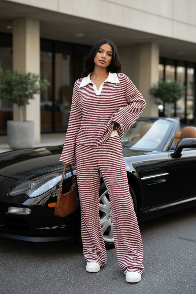 Striped Long Sleeve Polo and Wide-Leg Pants Set Striped Long Sleeve Polo and Wide-Leg Pants Set