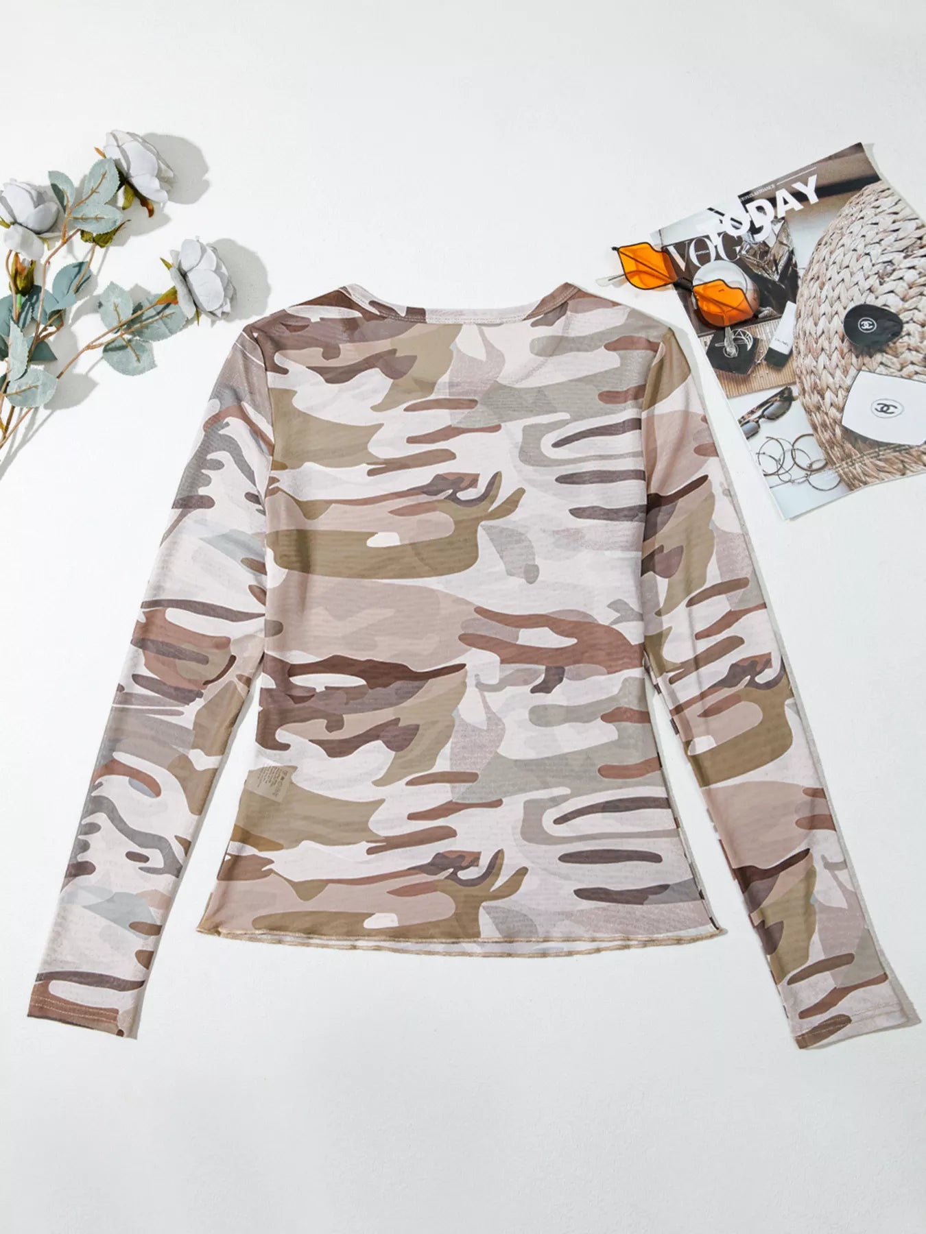🖤 Camouflage Mesh Long Sleeve Top – Dazzle in Every Layer