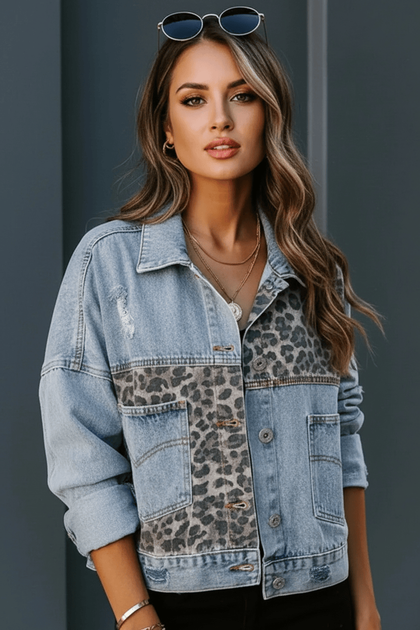 Distressed Leopard Drop Shoulder Denim Jacket Distressed Leopard Drop Shoulder Denim Jacket - Dias Dazzling 