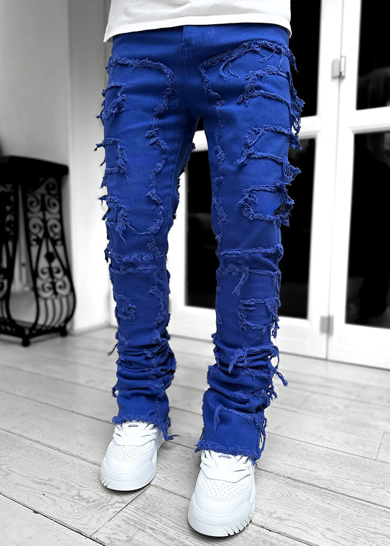 Men’s Fringed Ripped Stacked Jeans — Trendy Patched Slim Fit Trousers Dias Dazzling Discoveries