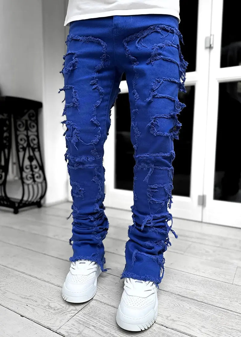Men’s Fringed Ripped Stacked Jeans — Trendy Patched Slim Fit Trousers Trendsi