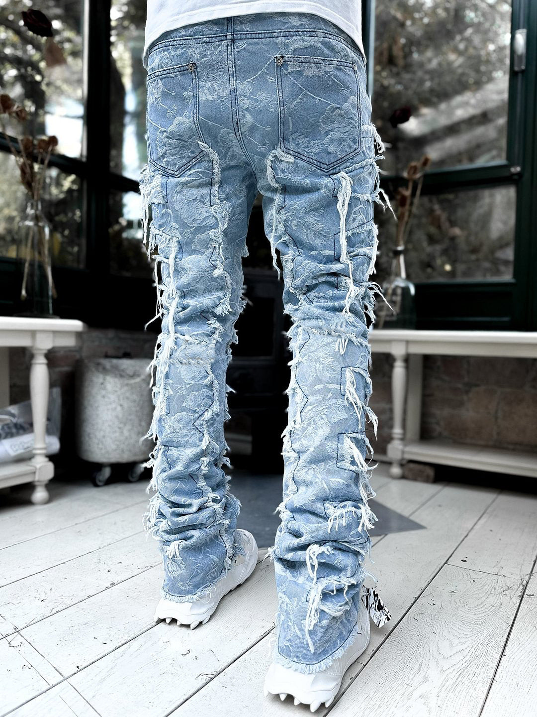 Men’s Fringed Ripped Stacked Jeans — Trendy Patched Slim Fit Trousers Dias Dazzling Discoveries