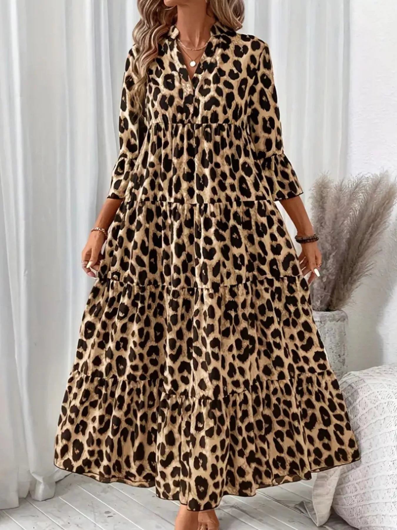 🐆 Leopard 3/4 Midi Dress – Ruched, Wild, and Ready to Dazzle