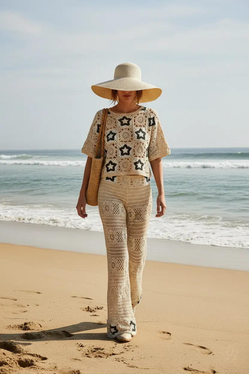 Openwork Crochet Flare Pants with Contrast Star Trendsi