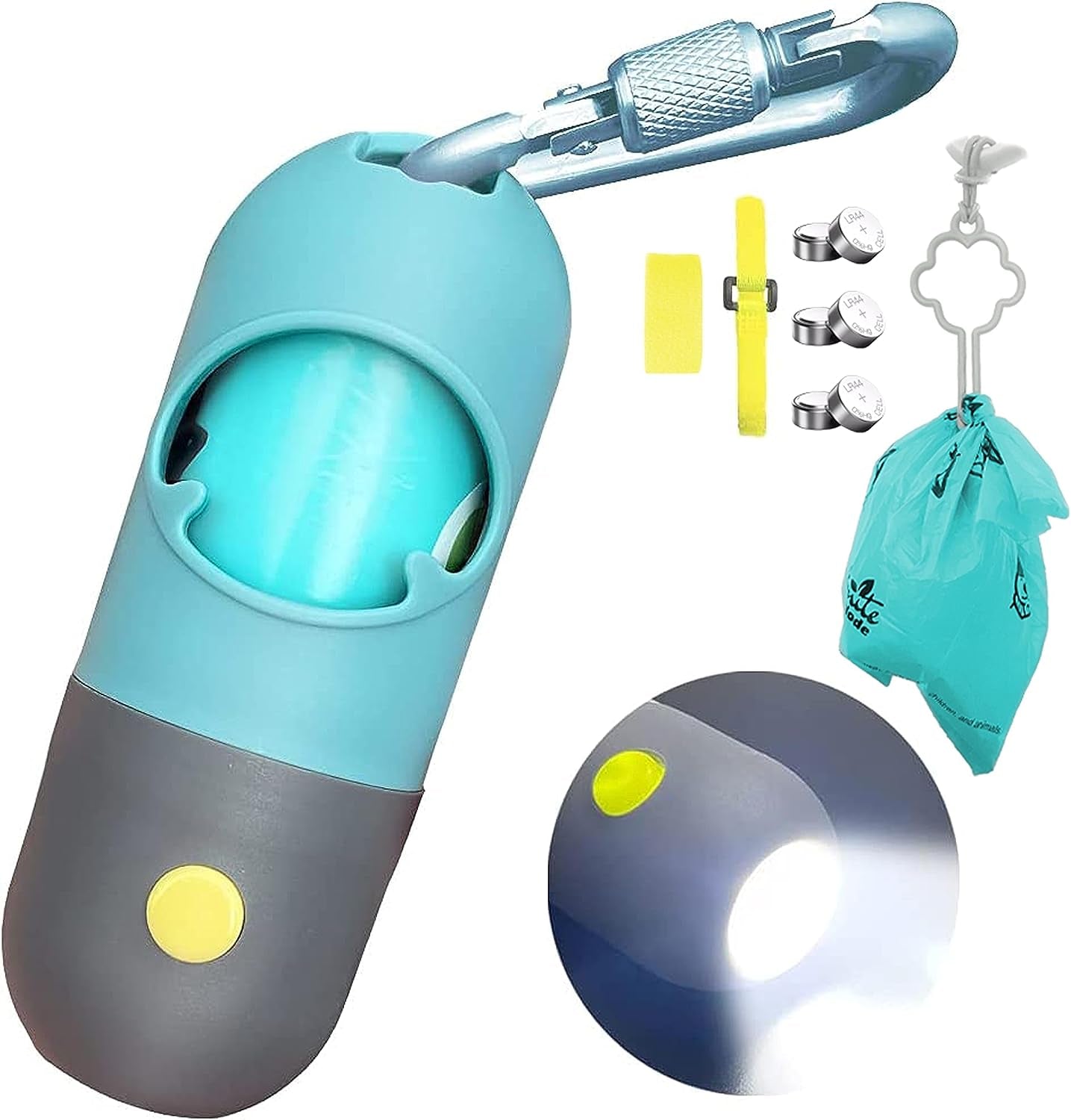 Light-Up Dog Poop Bag Dispenser (Mint Green) - Leash Clip Included