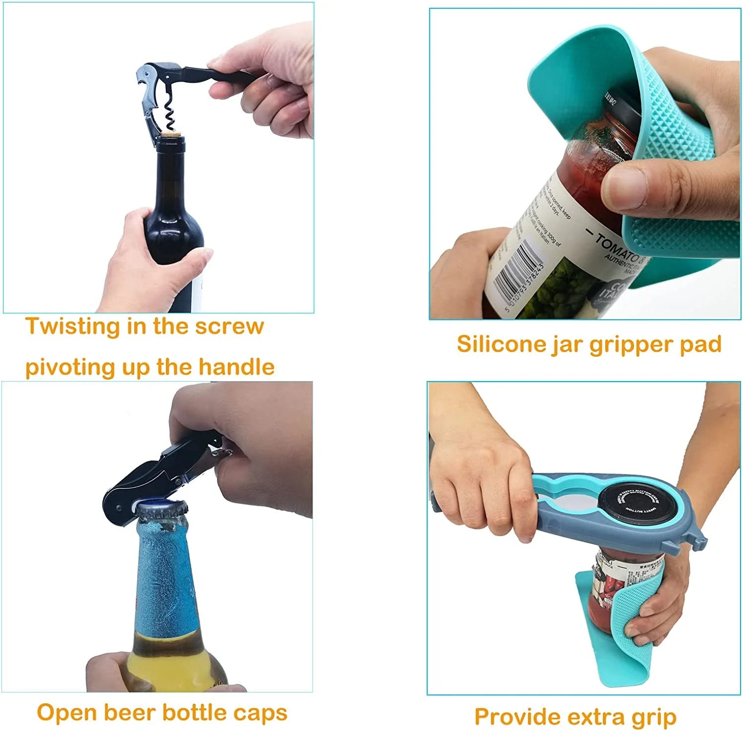 Bottle Opener, Multifunctional Blue and Grey Jar Opener, Jar Openers for Seniors