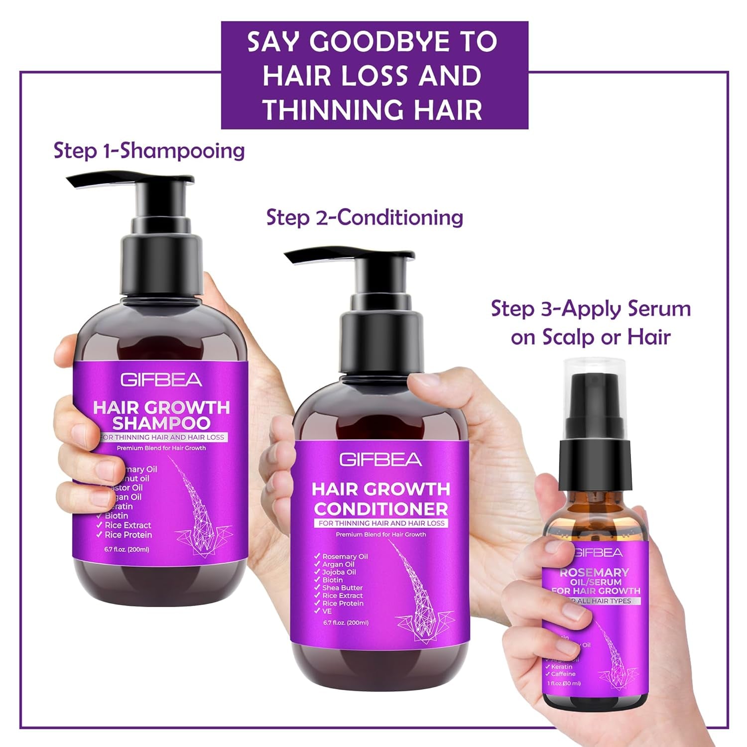 🌿 GIFBEA Hair Growth Shampoo & Conditioner Set with Rosemary Oil Serum – Thicker, Healthier Hair Starts Here