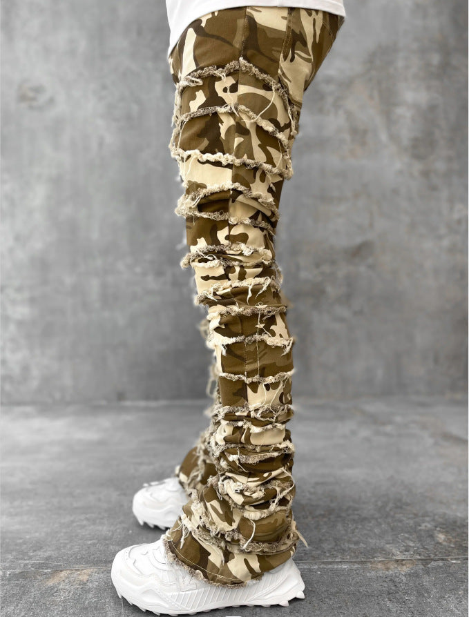 Men’s Fringed Ripped Stacked Jeans — Trendy Patched Slim Fit Trousers Dias Dazzling Discoveries