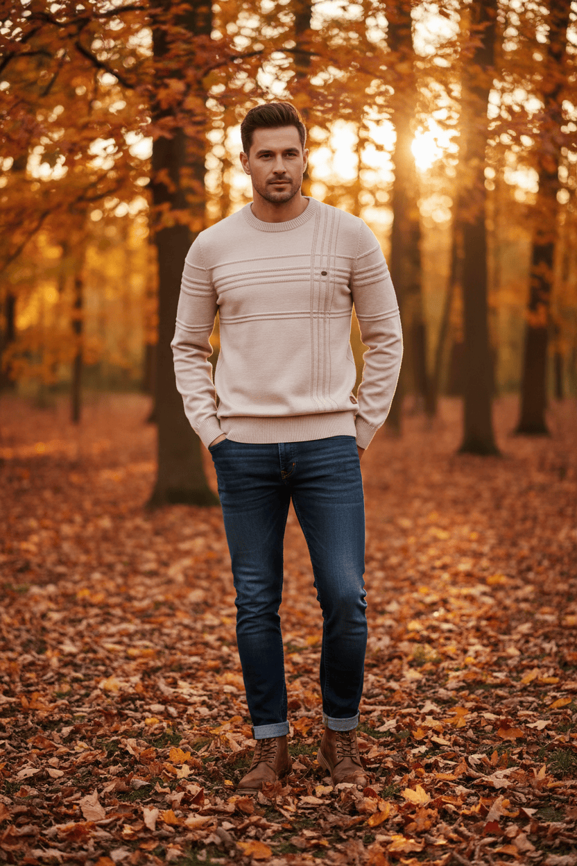 Mens Fashion Round Neck Striped Sweater – Soft Stretch, Bold Simplicity Round Neck Striped Sweater – Soft Stretch, Bold Simplicity - Dias 